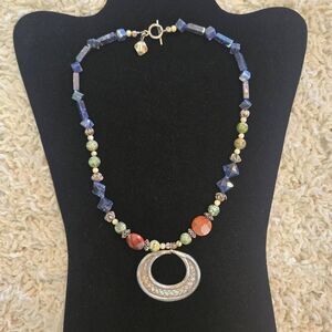 Tribal Style Mixed Bead Necklace Silver Tone Pendant